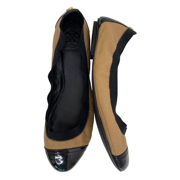9.5 Tory Burch Quilt Scrunch Bridgette Leather Ballet Flats Black Toe Cap - Picture 10 of 12